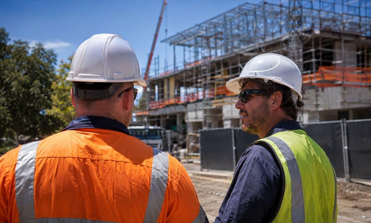 Two builders in hi-vis talking in front of a construction site